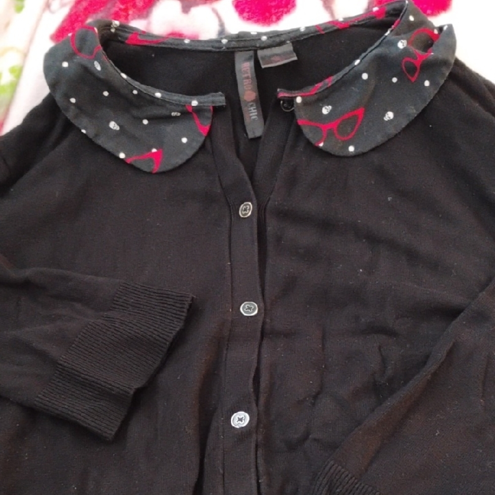 Retro Chic Black Sweater with Red and White Highlights